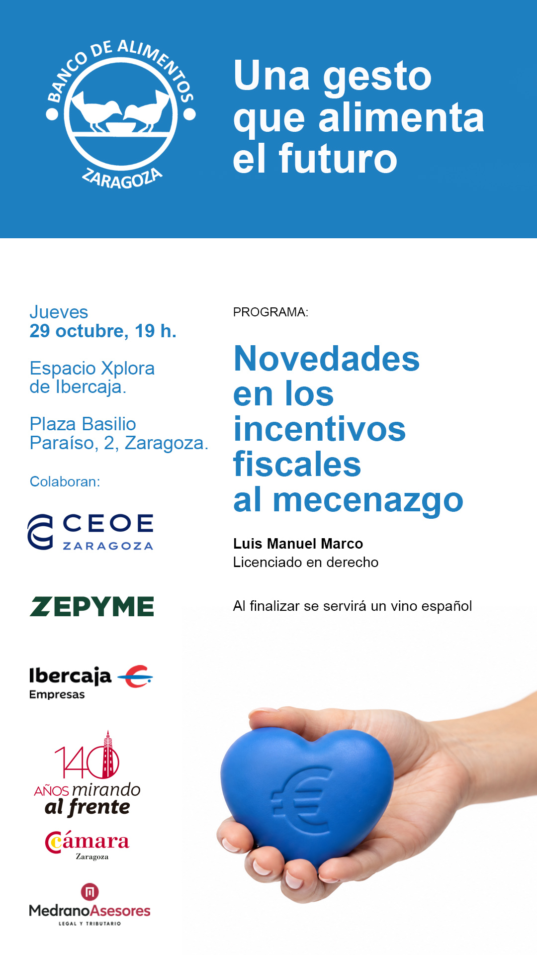 Cartel de la jornada del Banco de Alimentos de Zaragoza sobre incentivos fiscales al mecenazgo